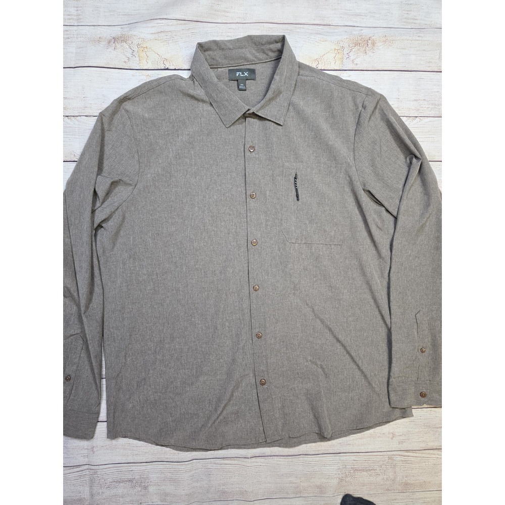 FLX Dynamic Stretch Lightweight Men's Button Down Shirt Brown Size XXL